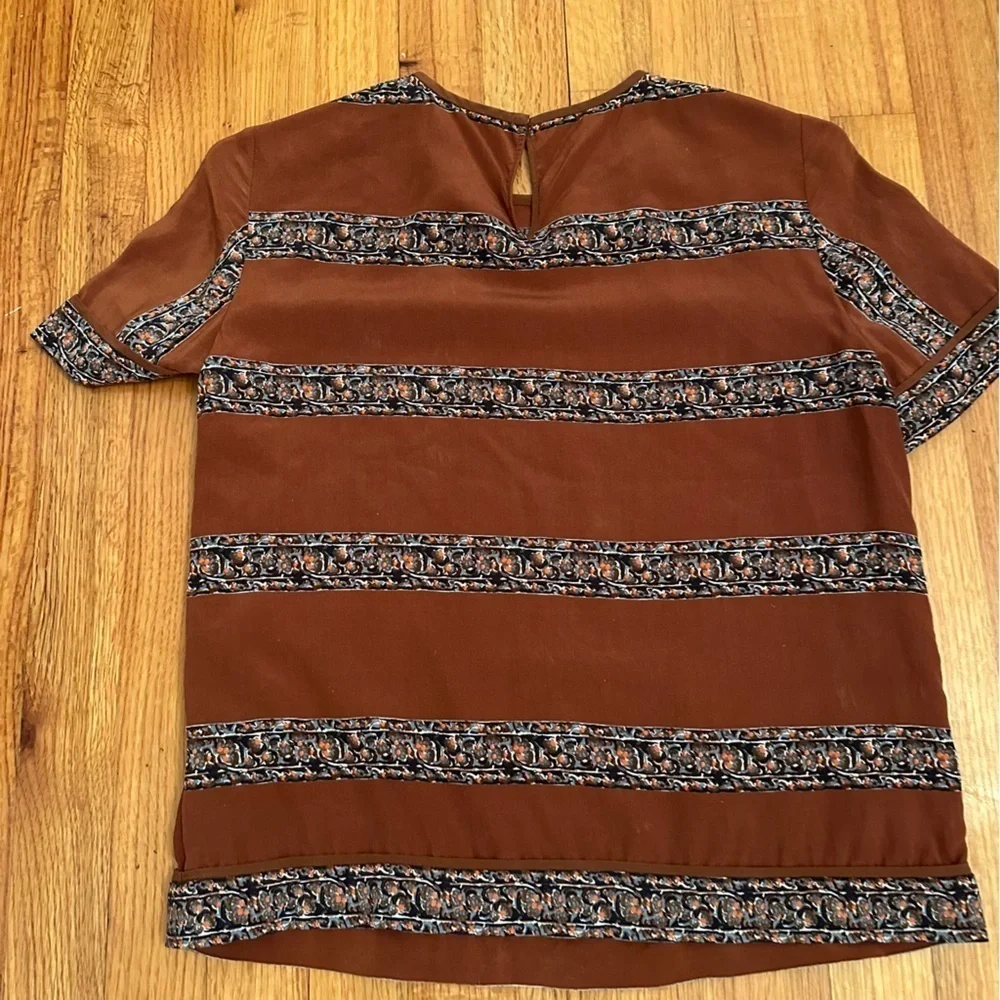 Tory Burch SILK Rust Brown Striped Floral Pattern tee Boho Size 4 (#)